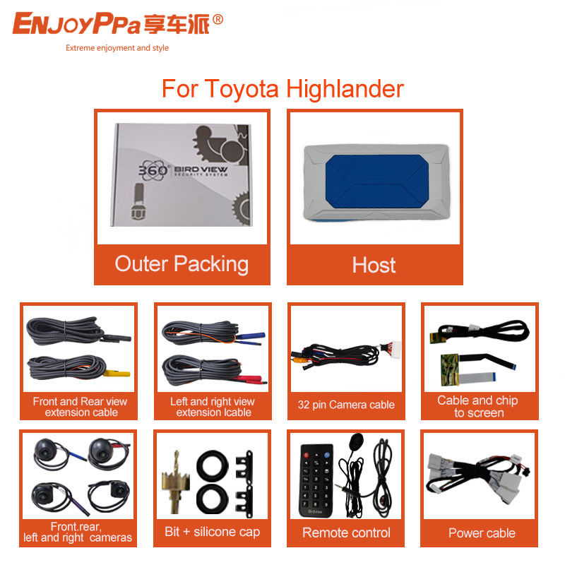 Système de caméra de voiture à écran LCD 360 pour caméras de vue d'oiseau hydrophobe Toyota Highlander